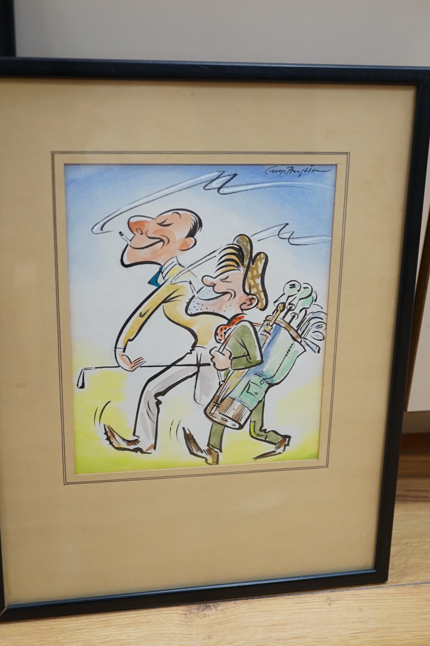 Two cartoons, comprising George Houghton (1905-1993), ink & watercolour for newspaper, Golfers, and Peter Schrank (b.1952), watercolour and mixed media, ‘The Independent on Sunday, 25/1/04, inscribed in pencil, 31 x 20cm